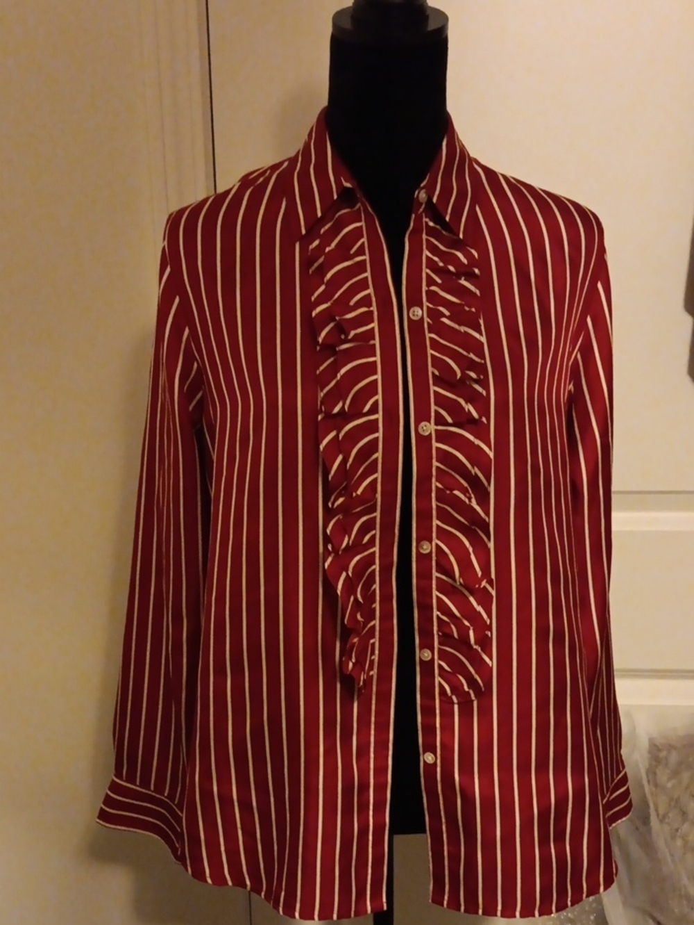 Ralph Lauren Burgundy and White Striped Ruffle Front Button-Down Shirt